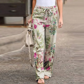 MQTIME  -  Women S Printed Cotton Linen Casual Pants Elastic Waist Comfortable Loose Fit Long Trousers Ready To Ship Stock Available